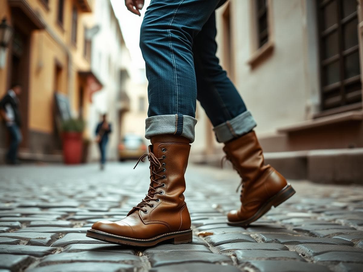 A elegant gentleman walking in fine leather boots on pavement
